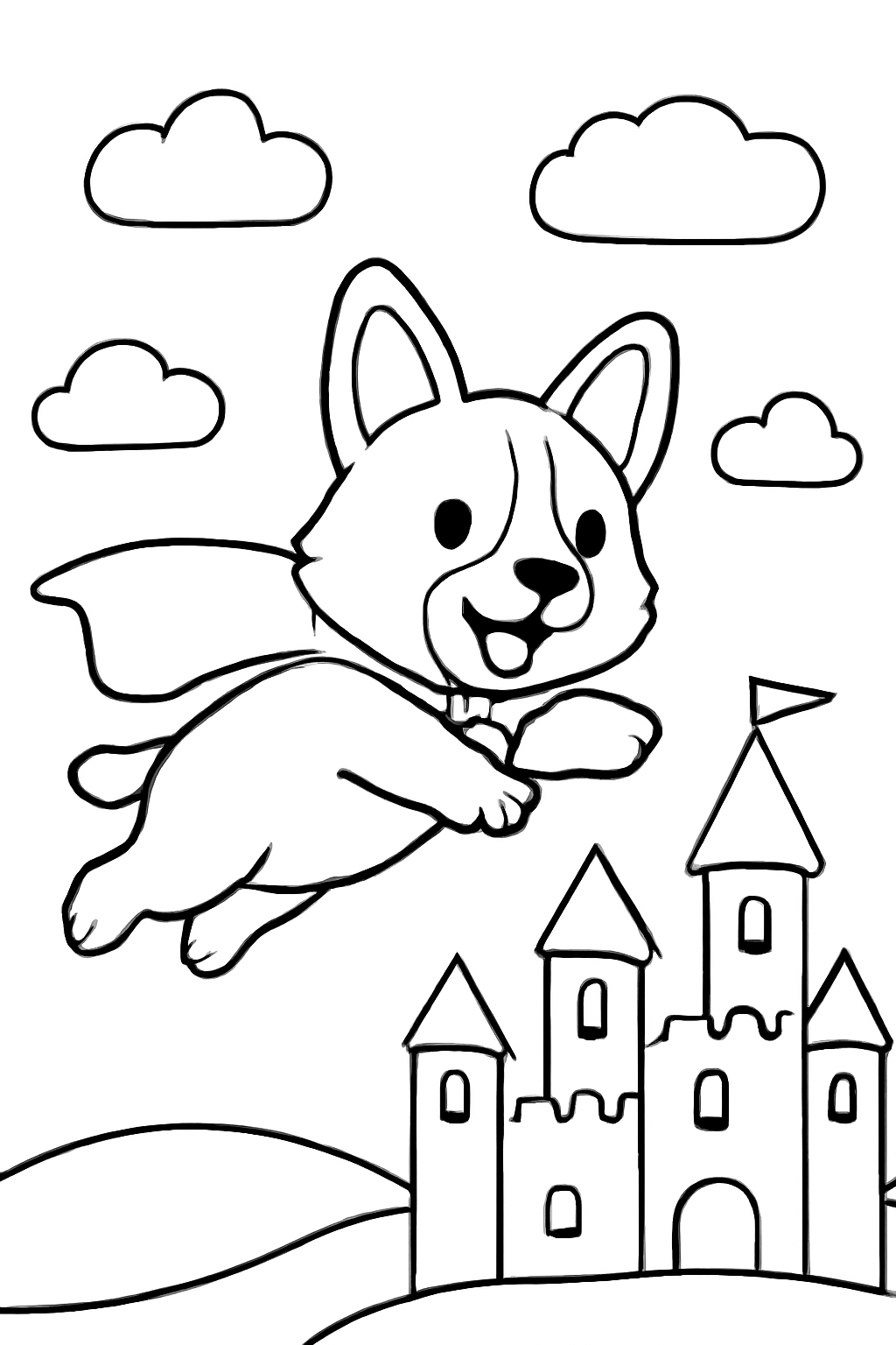 Free printable a corgi wearing a superhero cape flying over a castle coloring page for kids