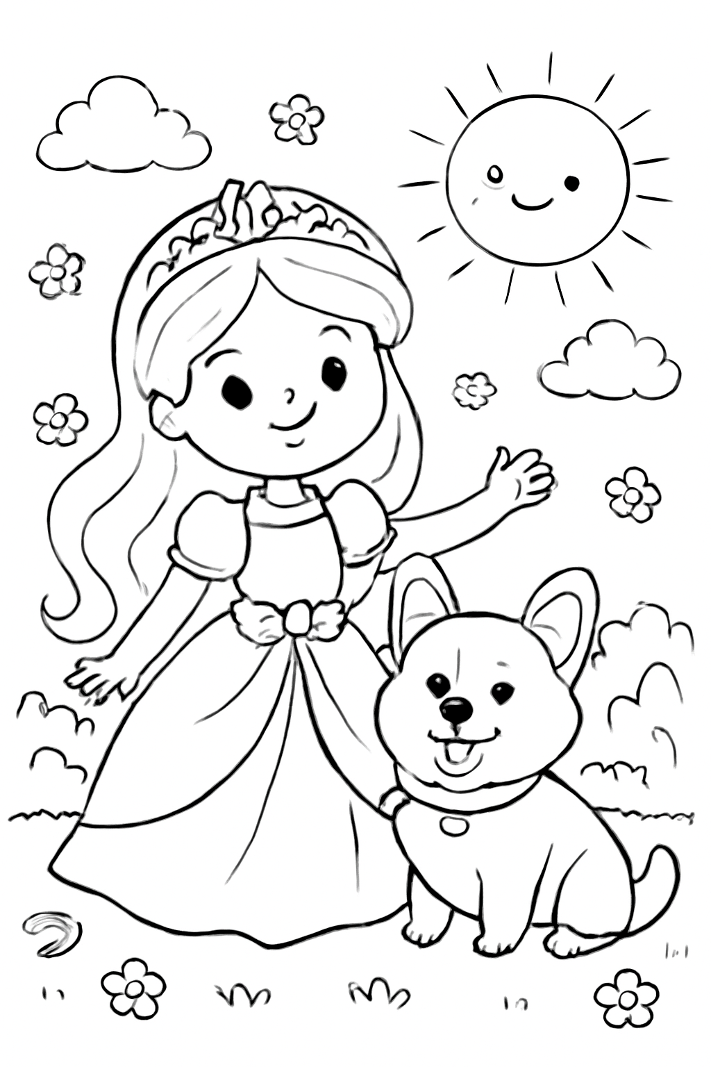 Free printable Princess and her corgi coloring page for kids