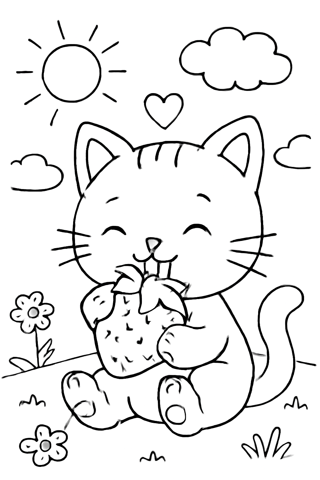 Free printable Cute cat eating a strawberry coloring page for kids
