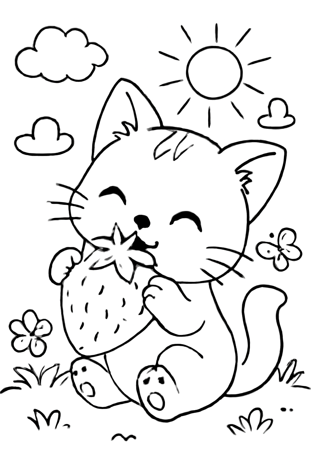 Free printable Cute cat eating a strawberry coloring page for kids
