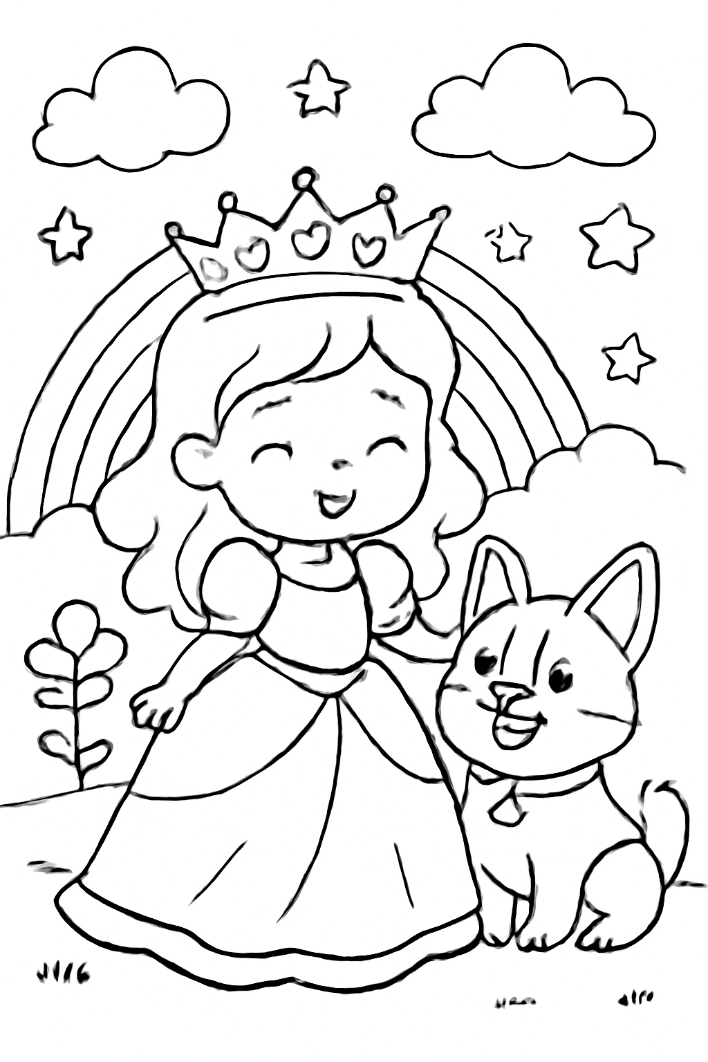 Free printable Princess and her corgi coloring page for kids