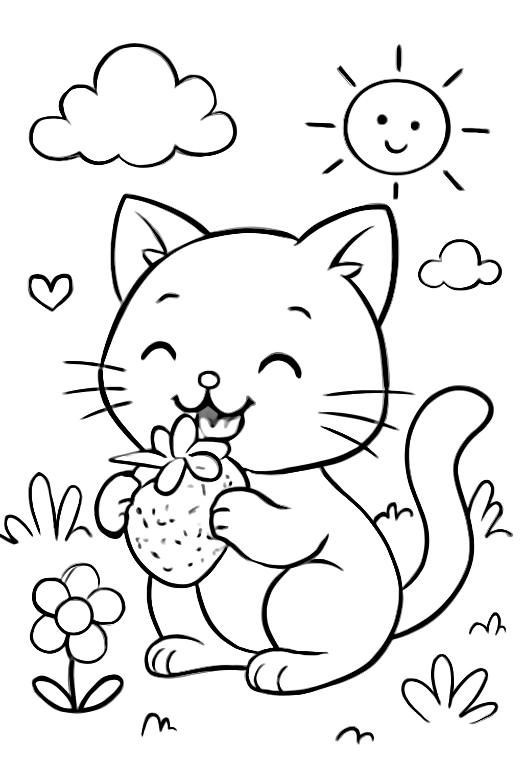 Free printable Cute cat eating a strawberry coloring page for kids