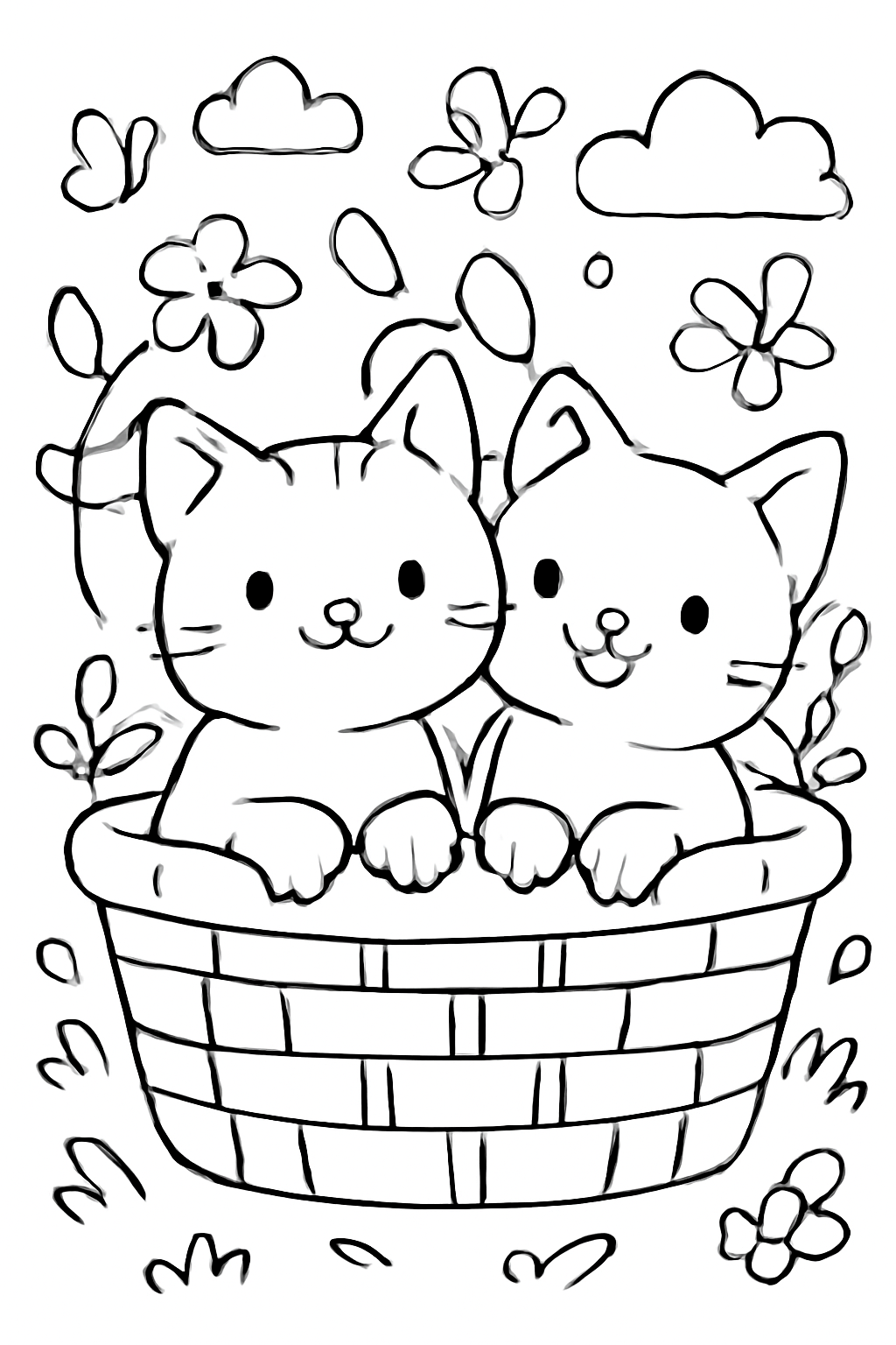 Free printable 2 cute cats in a basket coloring page for kids
