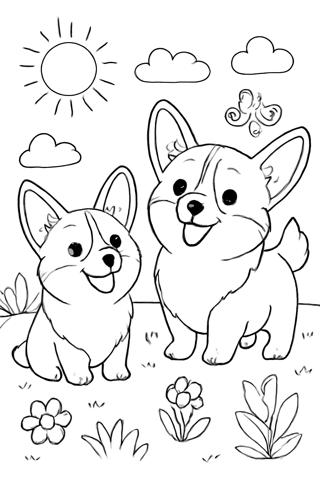 Free printable 2 cute corgis coloring page for kids