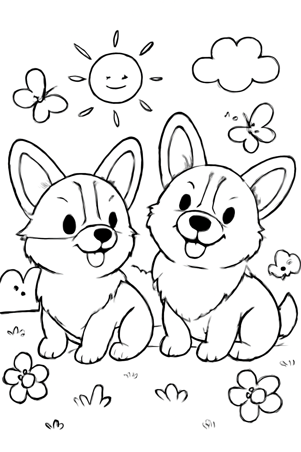 Free printable 2 cute corgis coloring page for kids