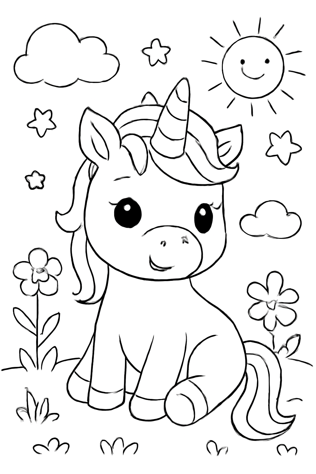 Free printable Cute baby unicorn coloring page for kids