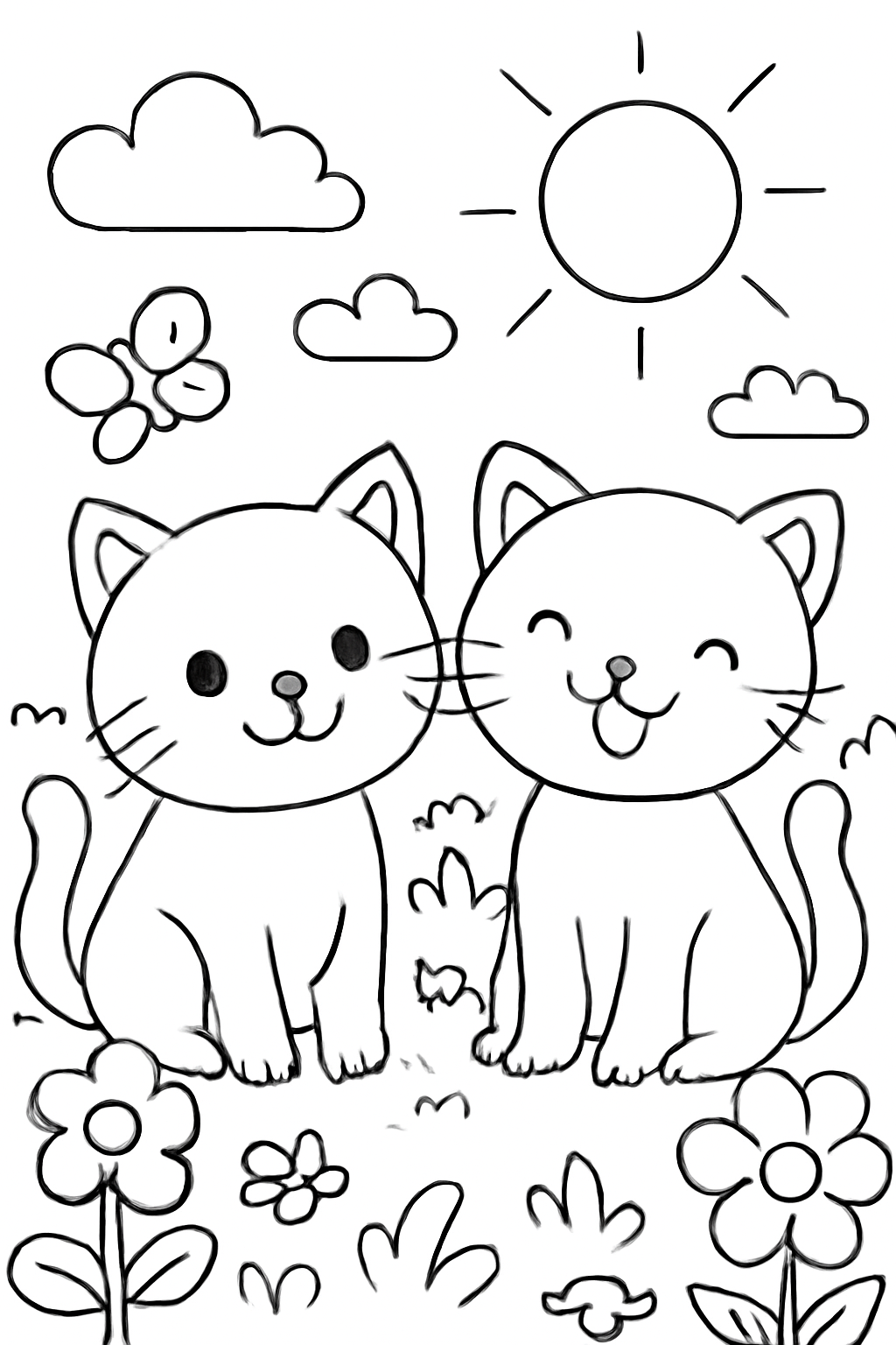 Free printable 2 cute cats coloring page for kids