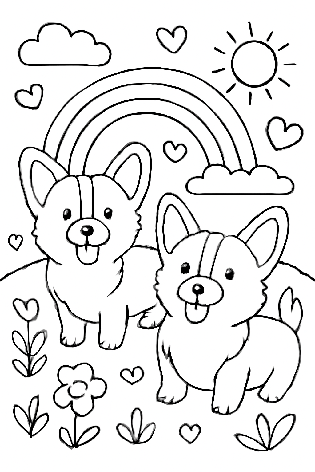 Free printable 2 cute corgis coloring page for kids