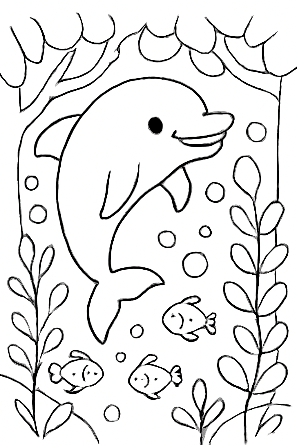 Free printable a leaping dolphin in a magical forest underwater with fish and bubbles coloring page for kids