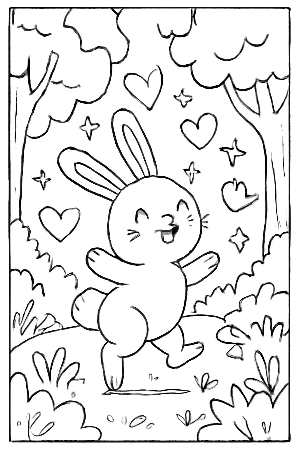Free printable a hopping bunny surrounded by hearts and stars in a magical forest coloring page for kids