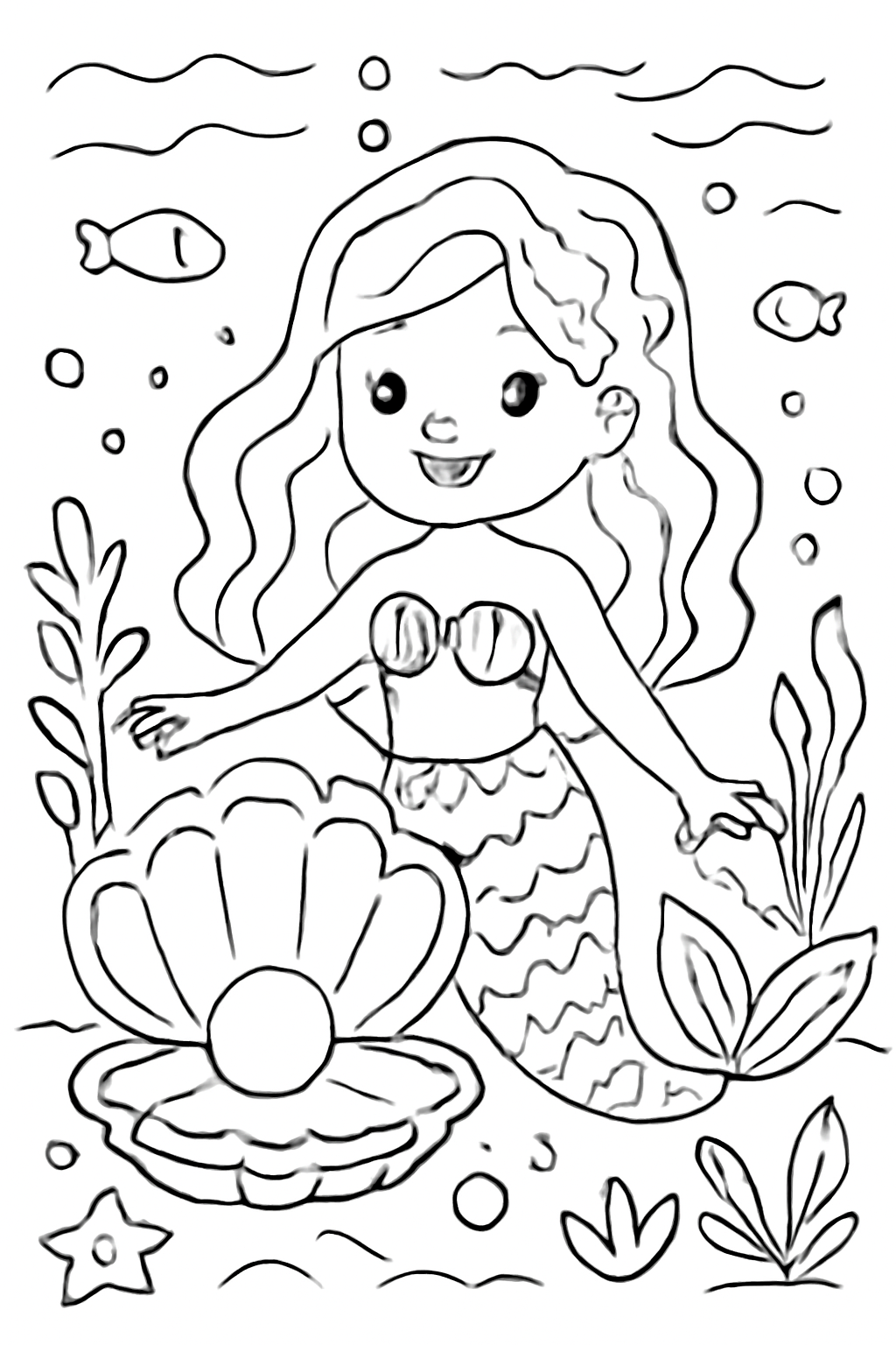 Free printable Mermaid with clam and pearl coloring page for kids