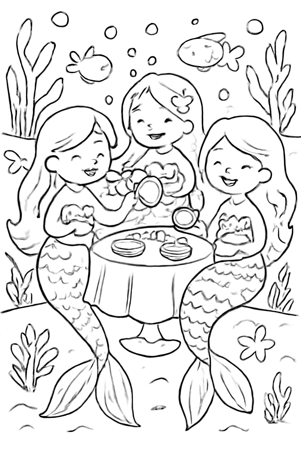 Free printable Mermaid tea party coloring page for kids