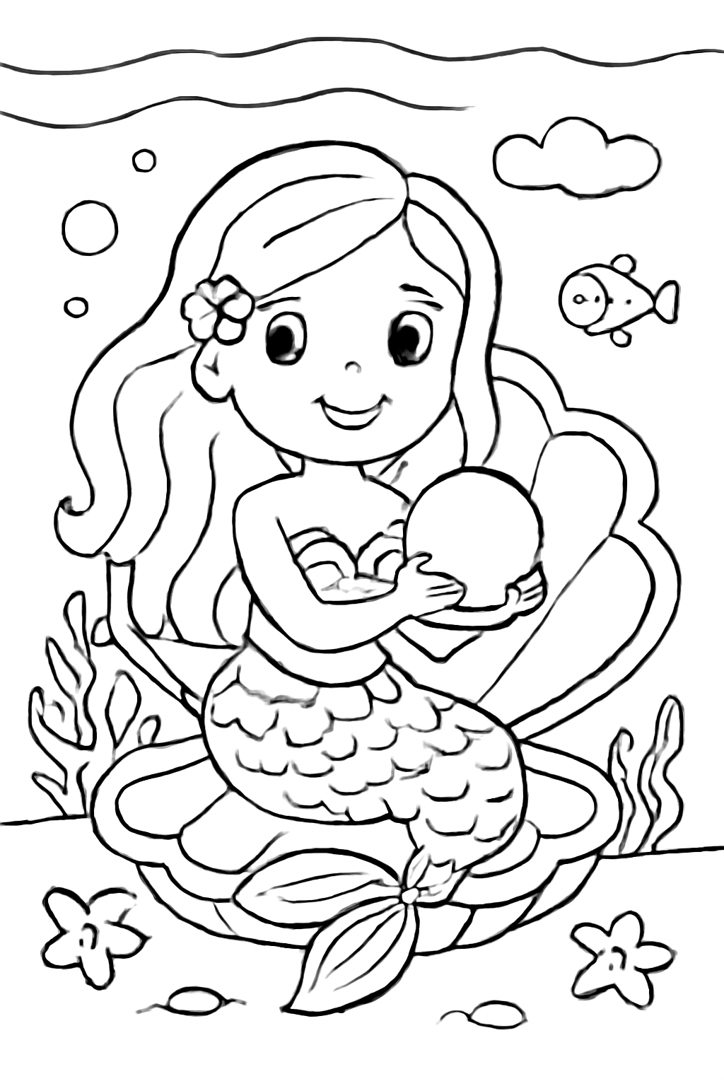 Free printable Mermaid sitting in clam and holding pearl coloring page for kids