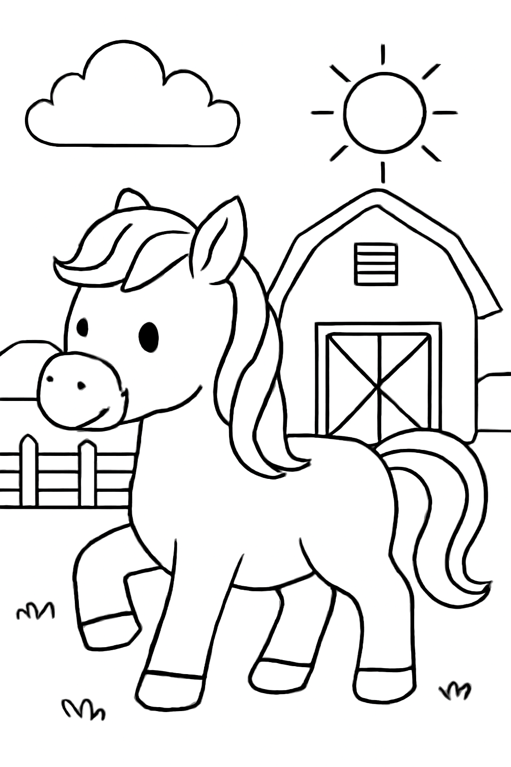 Free printable a pretty horse on a farm with a barn coloring page for kids