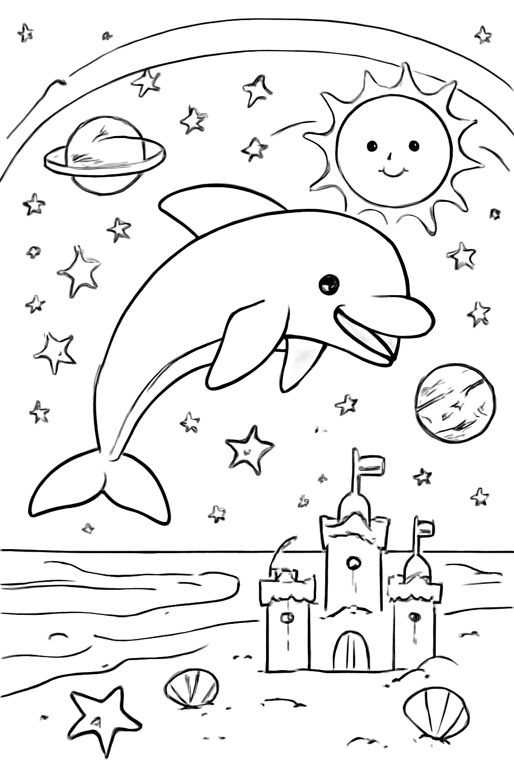 Free printable a leaping dolphin floating in outer space with stars and planets on a sunny beach with sandcastles coloring page for kids