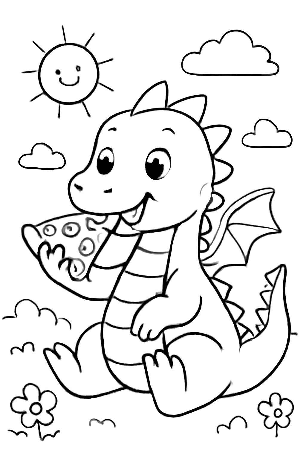 Free printable a dragon eating pizza coloring page for kids