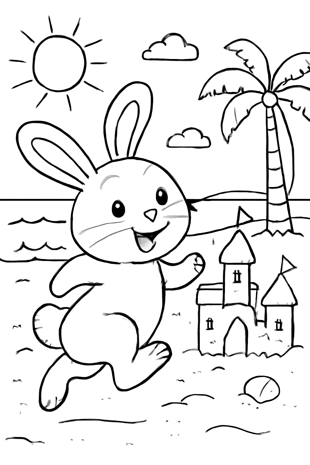 Free printable a hopping bunny on a sunny beach with sandcastles coloring page for kids