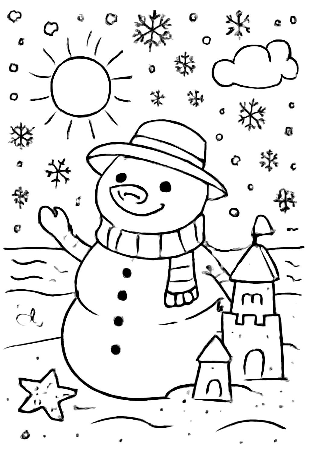 Free printable a jolly snowman on a sunny beach with sandcastles in the snow with snowflakes falling coloring page for kids