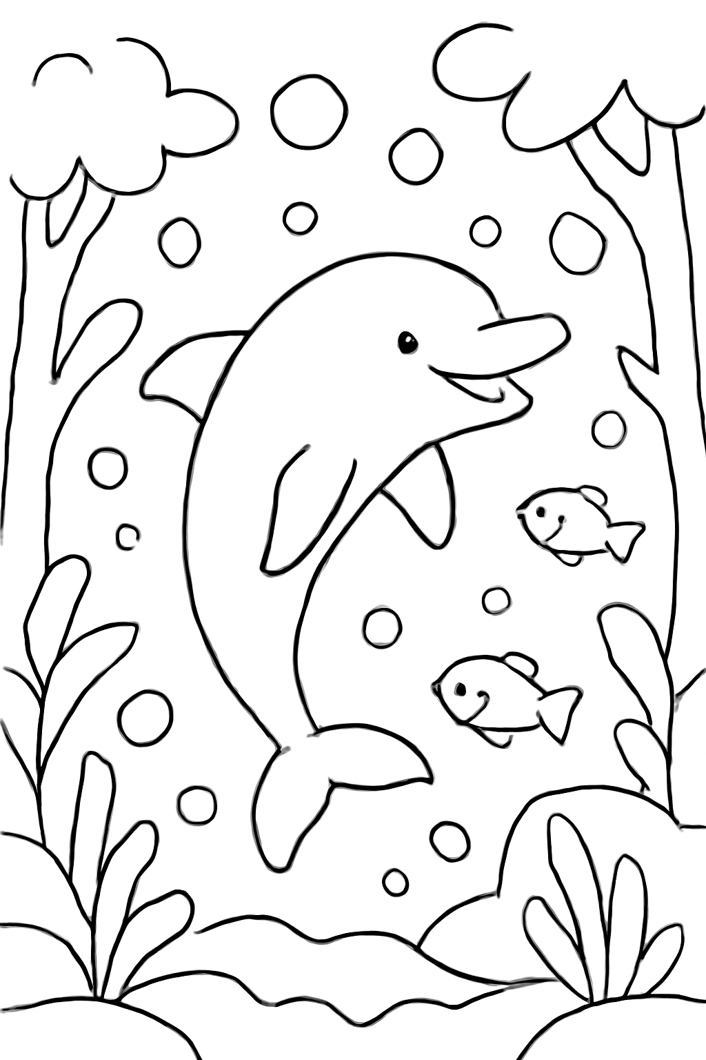 Free printable a leaping dolphin in a magical forest underwater with fish and bubbles coloring page for kids