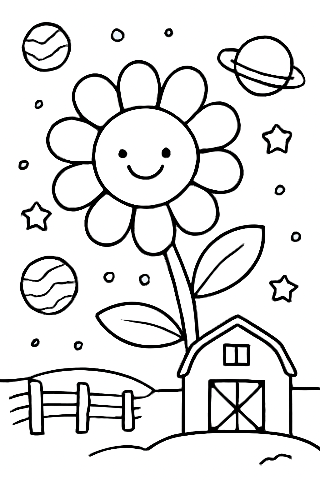 Free printable a big flower floating in outer space with stars and planets on a farm with a barn coloring page for kids