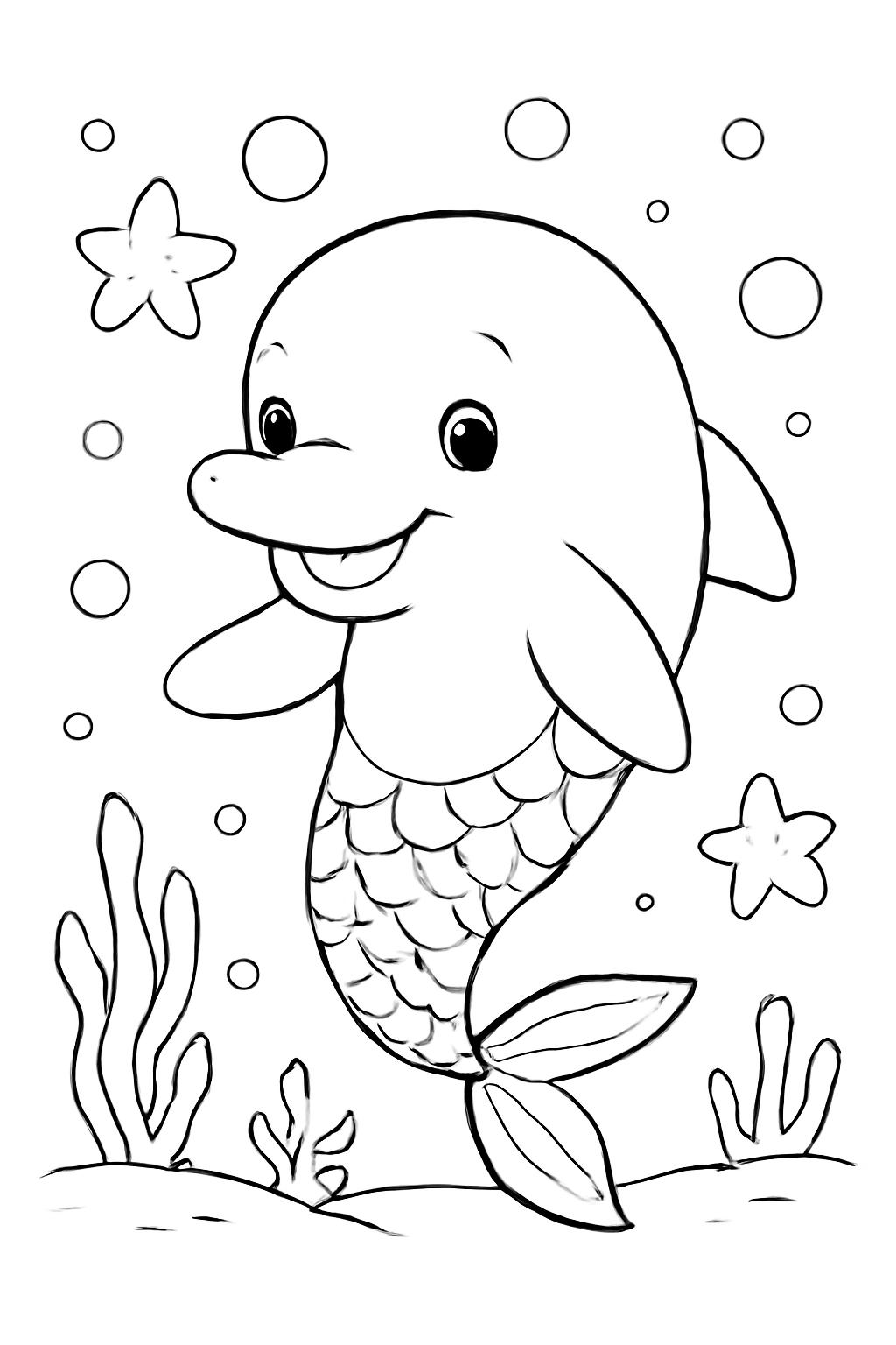 Free printable a cute dolphin with a mermaid tail coloring page for kids