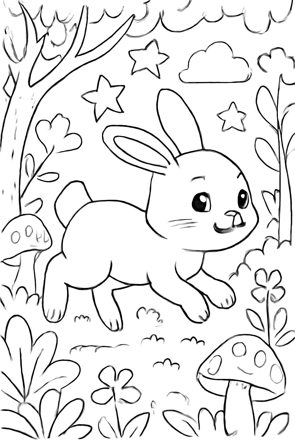 Free printable a hopping bunny in a magical forest coloring page for kids