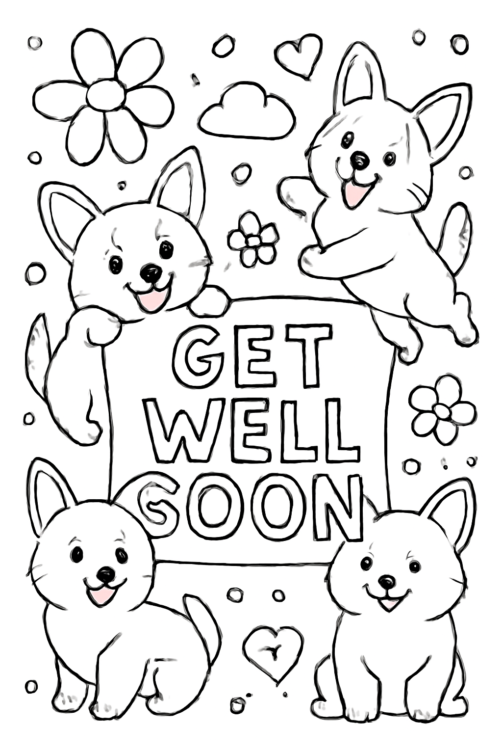 Free printable get well soon card with corgis coloring page for kids