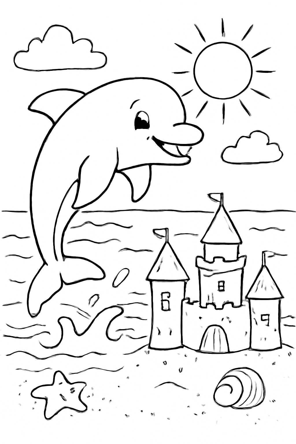 Free printable a leaping dolphin on a sunny beach with sandcastles coloring page for kids