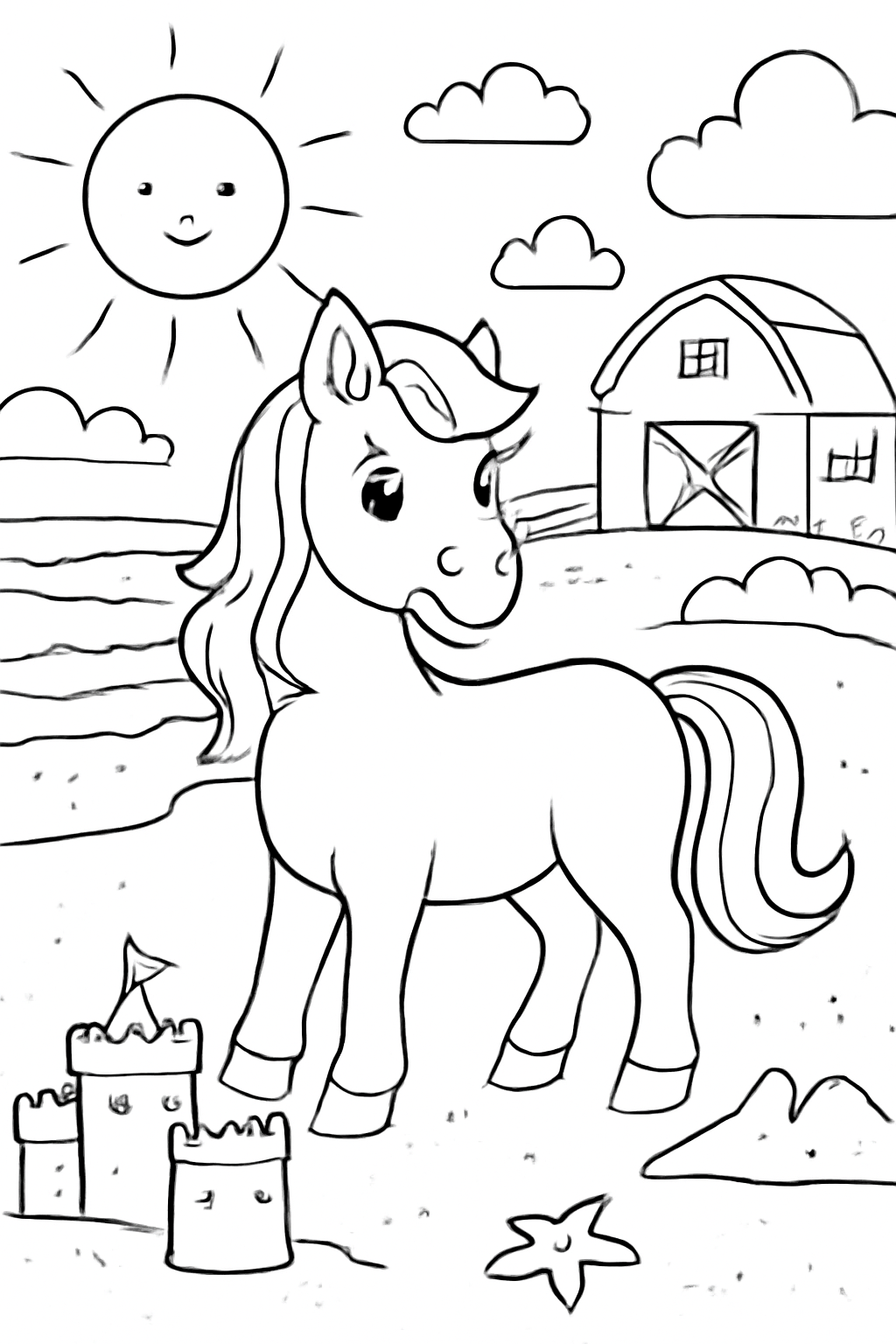Free printable a pretty horse on a sunny beach with sandcastles on a farm with a barn coloring page for kids