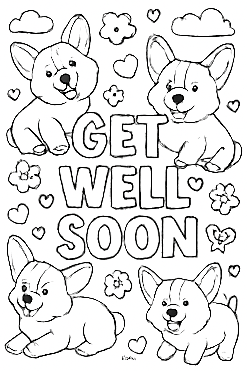 Free printable get well soon card with corgis coloring page for kids