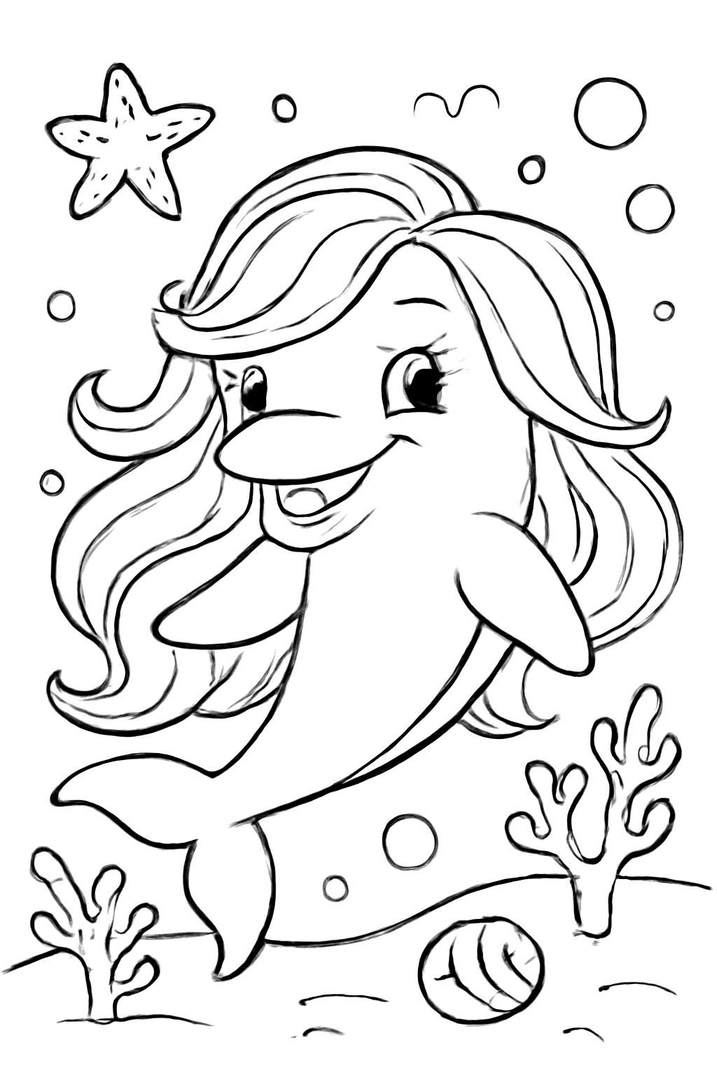 Free printable a pretty dolphin with girly hair coloring page for kids