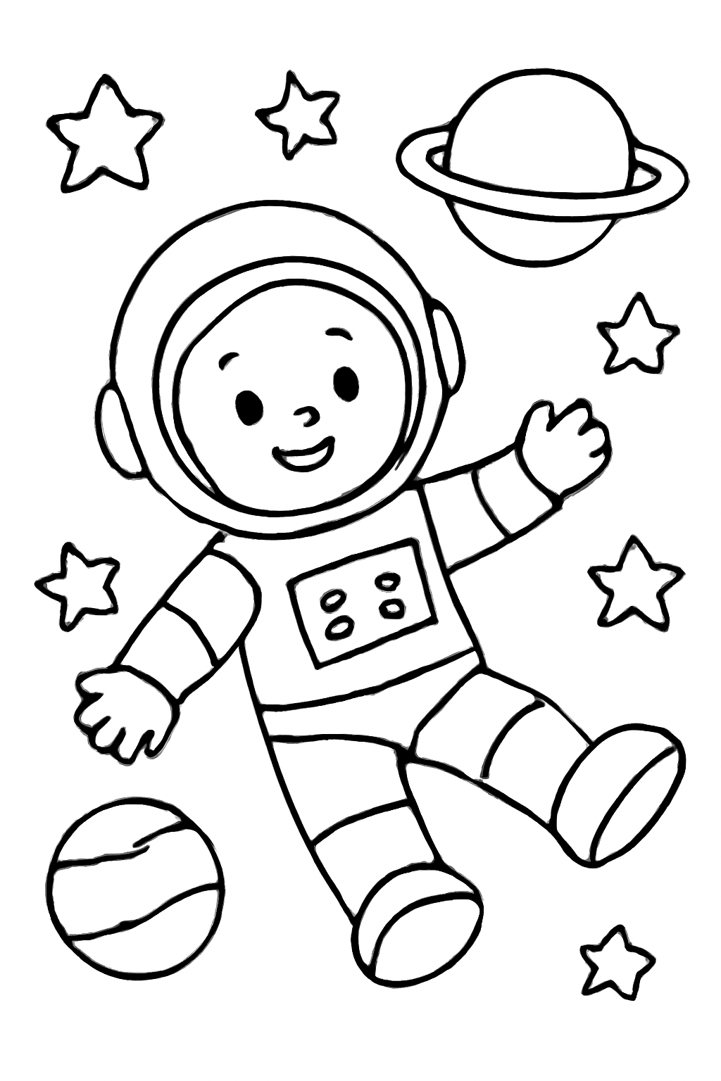 Free printable an astronaut floating in outer space with stars and planets coloring page for kids