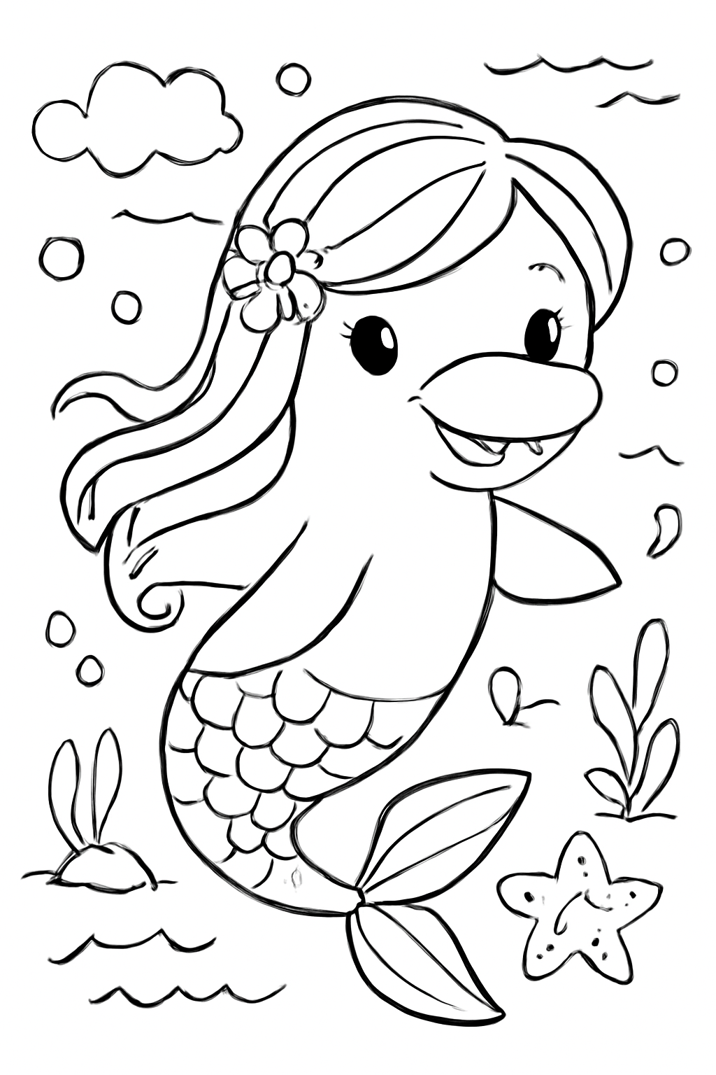Free printable a cute dolphin with a mermaid tail and girly hair coloring page for kids