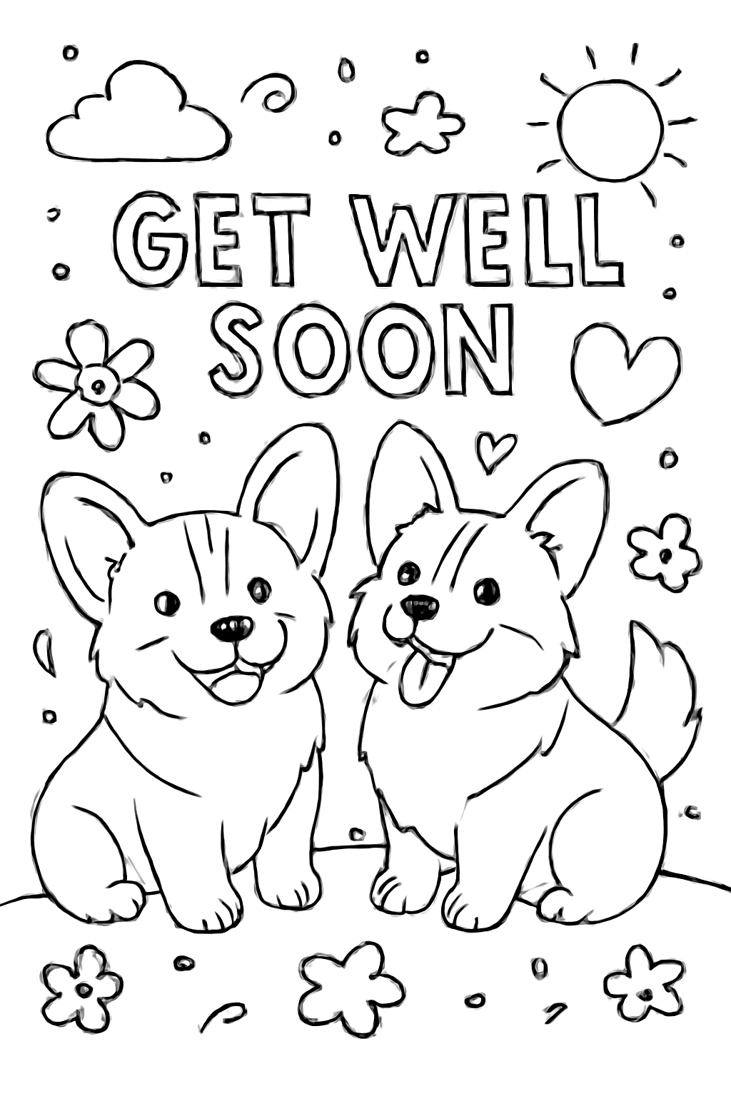 Free printable get well soon card with corgis coloring page for kids