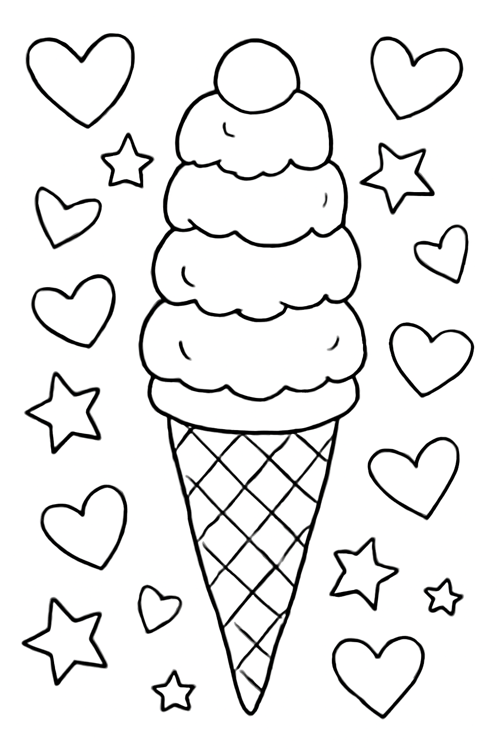 Free printable a tall ice cream cone surrounded by hearts and stars coloring page for kids