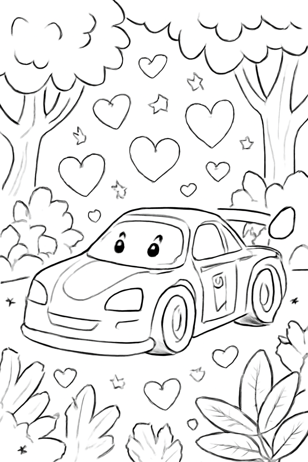 Free printable a race car surrounded by hearts and stars in a magical forest coloring page for kids