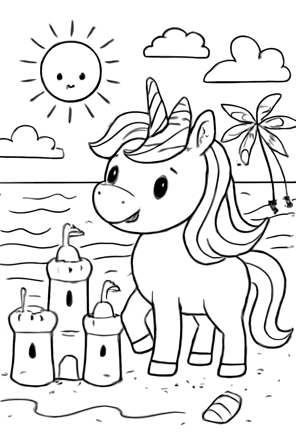 Free printable a friendly unicorn on a sunny beach with sandcastles coloring page for kids