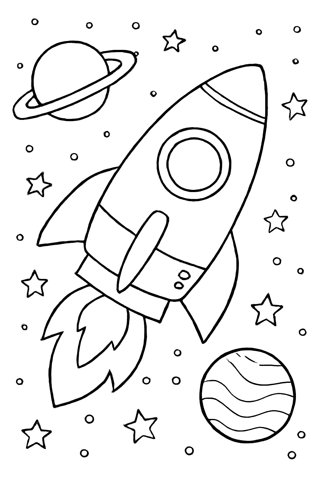 Free printable a rocket ship floating in outer space with stars and planets coloring page for kids