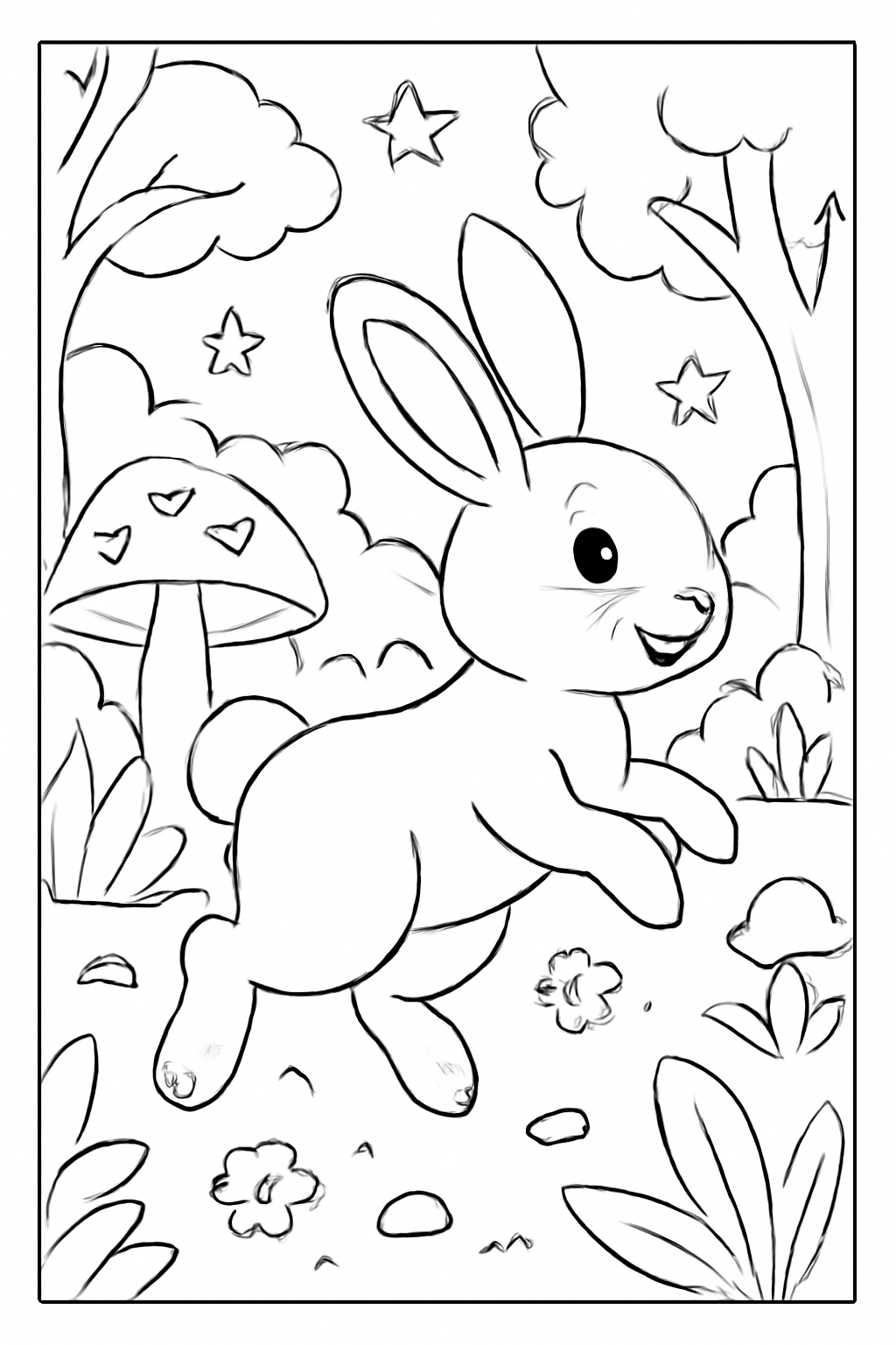 Free printable a hopping bunny in a magical forest coloring page for kids
