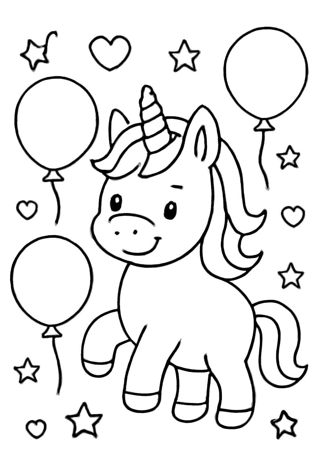 Free printable a friendly unicorn at a birthday party with balloons surrounded by hearts and stars coloring page for kids