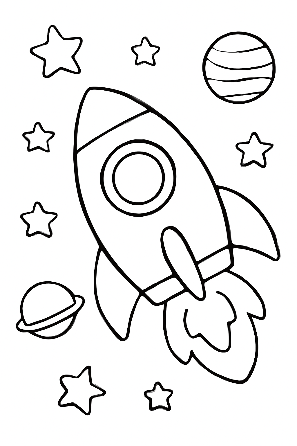 Free printable a rocket ship floating in outer space with stars and planets coloring page for kids