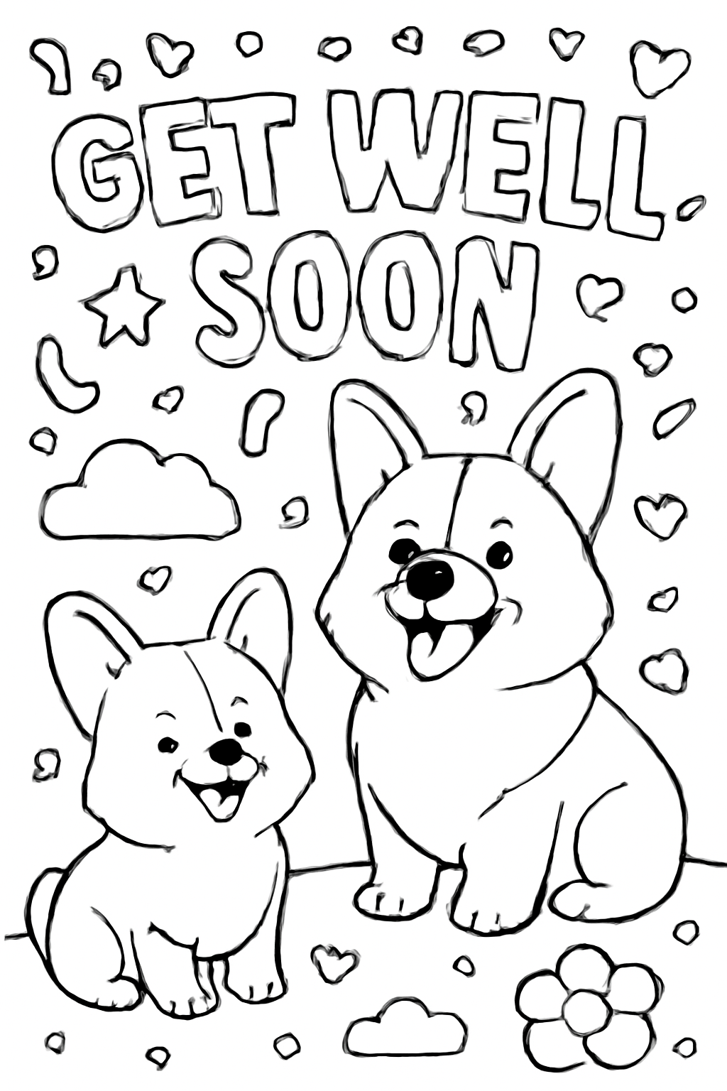 Free printable get well soon card with corgis coloring page for kids