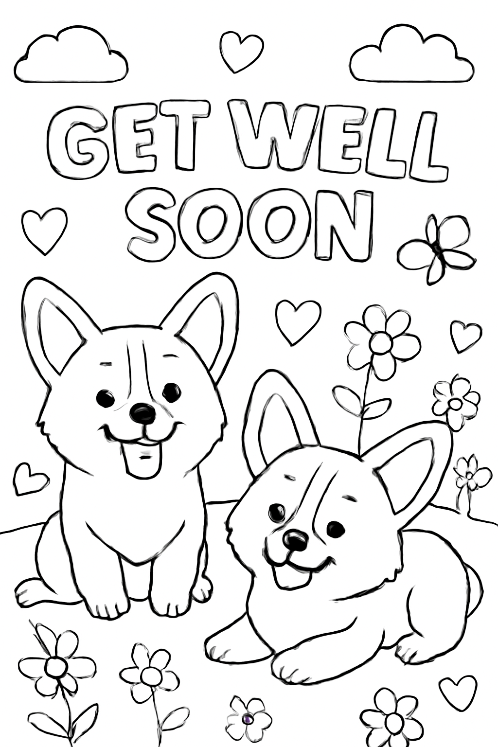 Free printable get well soon card with corgis coloring page for kids