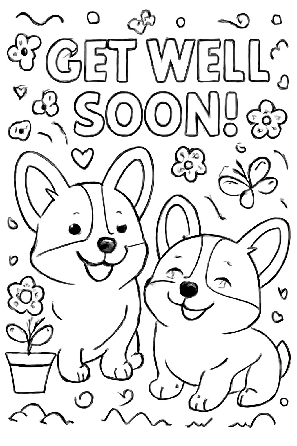 Free printable get well soon card with corgis coloring page for kids