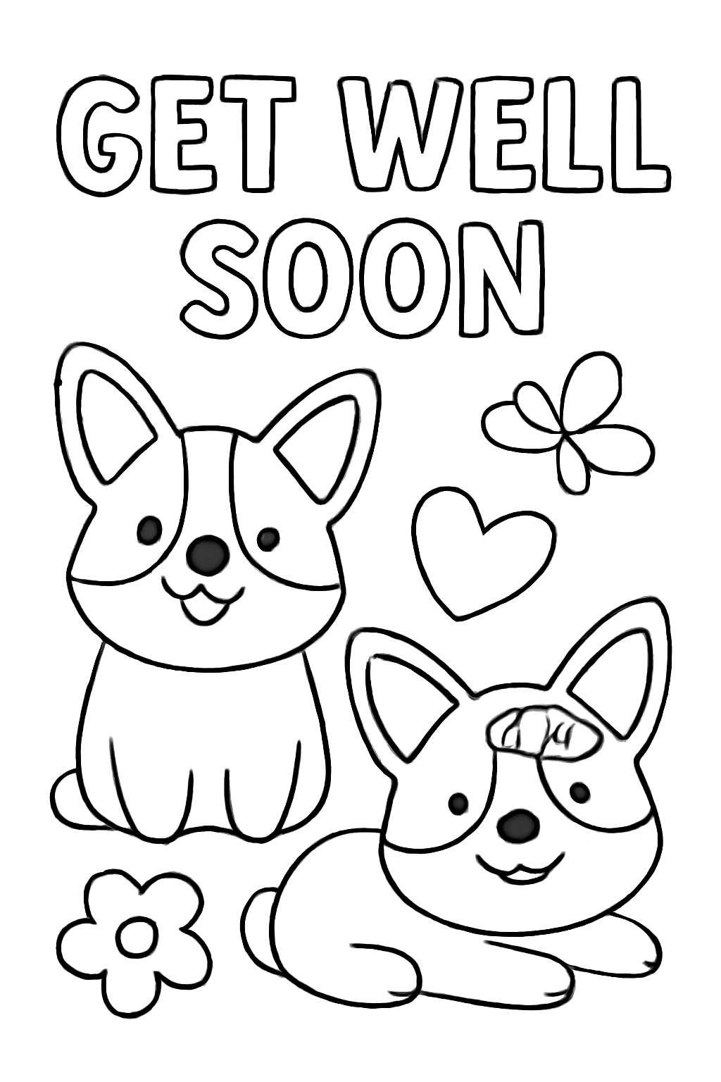 Free printable Get well soon with corgis coloring page for kids