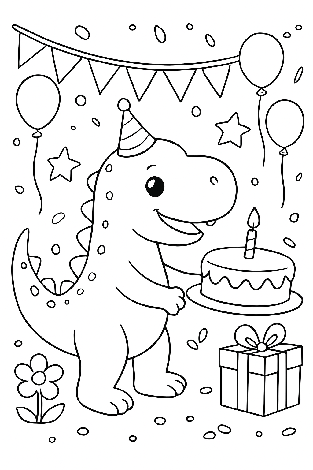 Free printable a dinosaur at a birthday party coloring page for kids