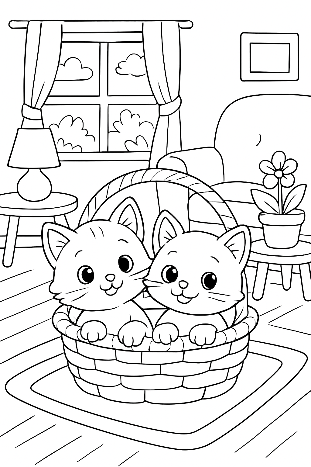 Free printable two cute kitties in a basket at home with furniture coloring page for kids