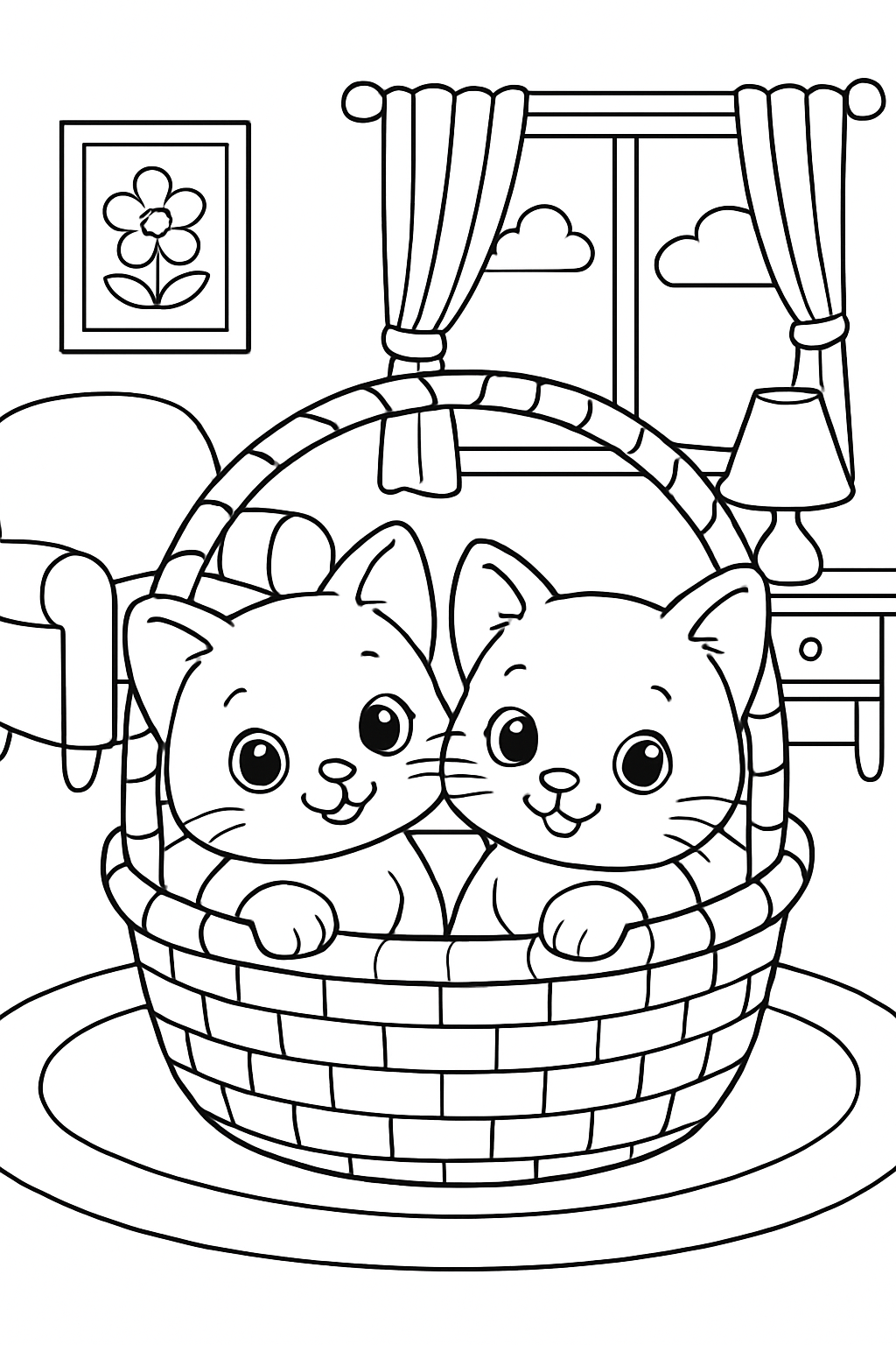 Free printable two cute kitties in a basket at home with furniture coloring page for kids