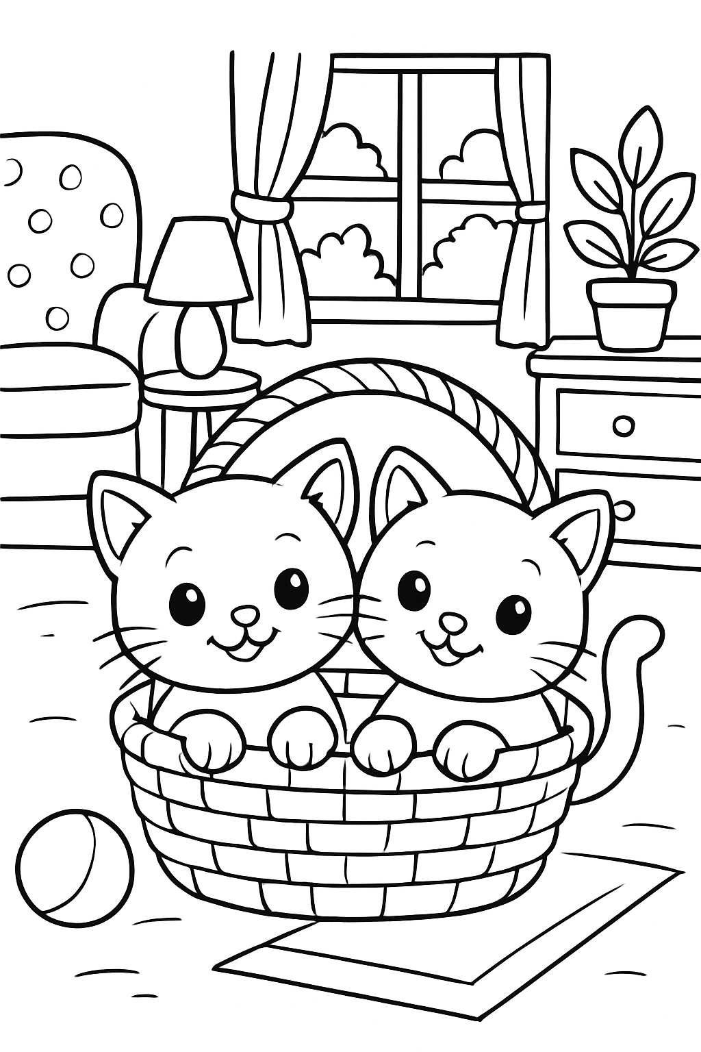 Free printable two cute kitties in a basket at home with furniture coloring page for kids