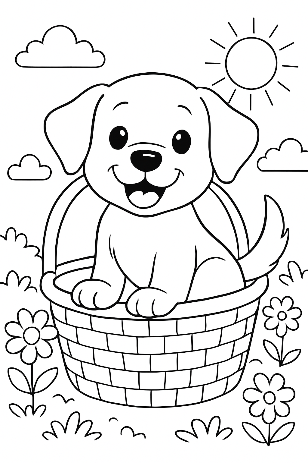 Free printable cute doggie in basket coloring page for kids